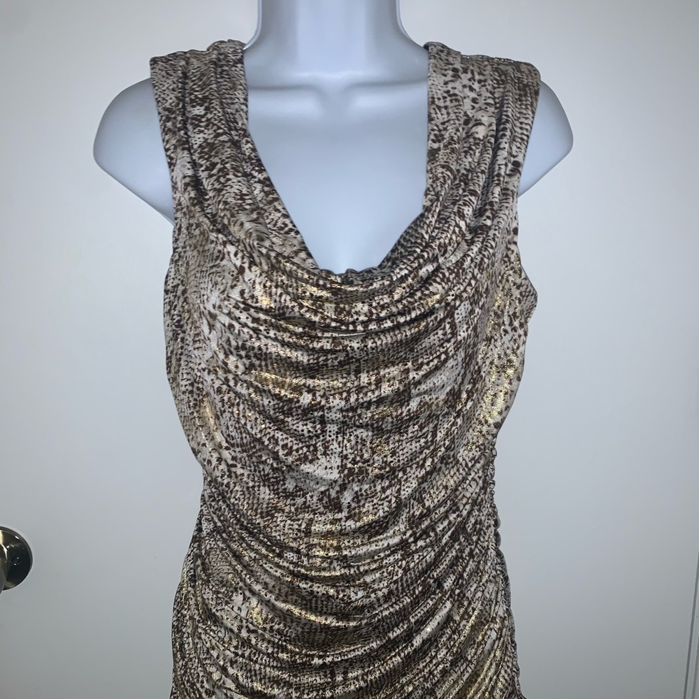 Sleeveless ruched top w/cowl neck. Brown&White snake print w/ gold flecks. Small